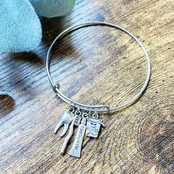 Dentist Hygienist Gift Charm Bracelet Adjustable Bangle Tooth Floss Jewelry - Picture 2 of 6